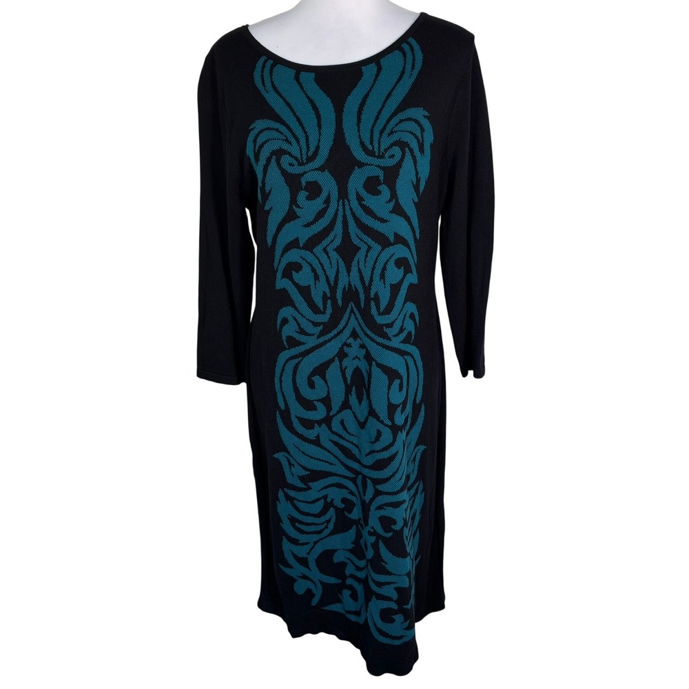 NINE WEST Womens Large Black Teal Blue Damask Intarsia Long Sleeve Sweater Dress